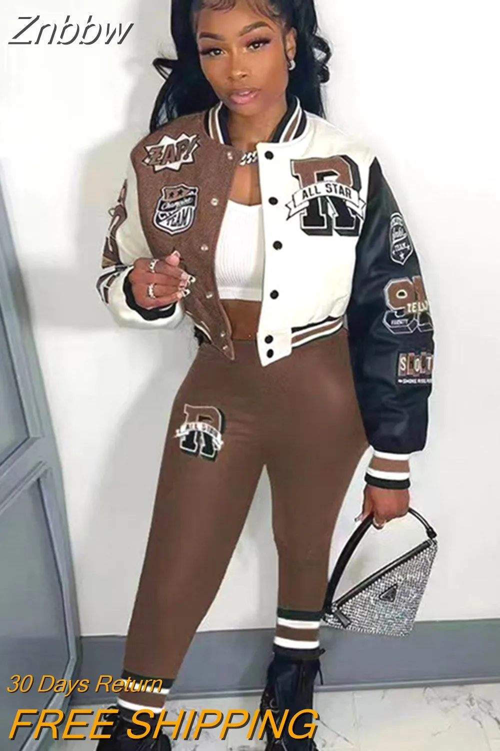 Znbbw Letter Casual Two Piece Set For Women Single Breasted Baseball Jogging Suits Full Sleeve Short Jacket Trousers Suit - Image 10