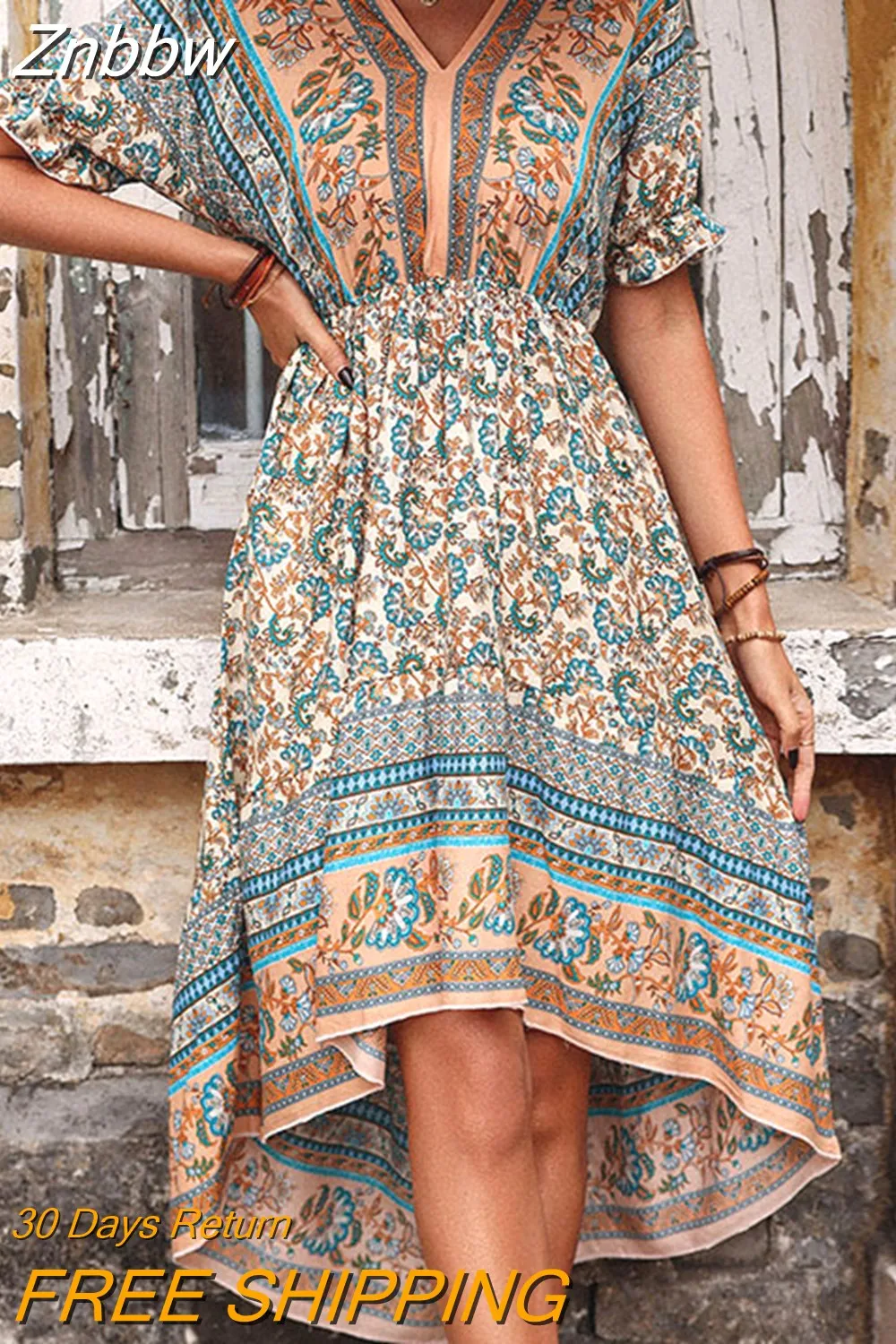 Znbbw Women Dresses Floral V Neck A-Line Summer Dress Woman 2023 Short Sleeve Elegant Vintage Chiffon Ruffle Harajuku Maxi Long Dress