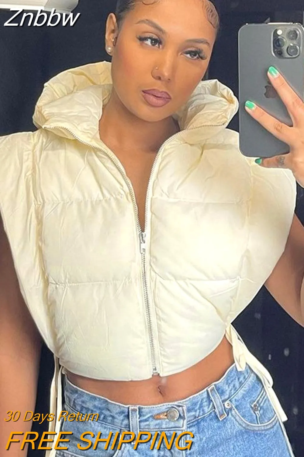 Znbbw Solid Hooded Cut Out Side Cropped Puffer Vest Top 2023 Womens Fashion Quilted Coats and Jacket Winter Sleeveless Vests - Image 4