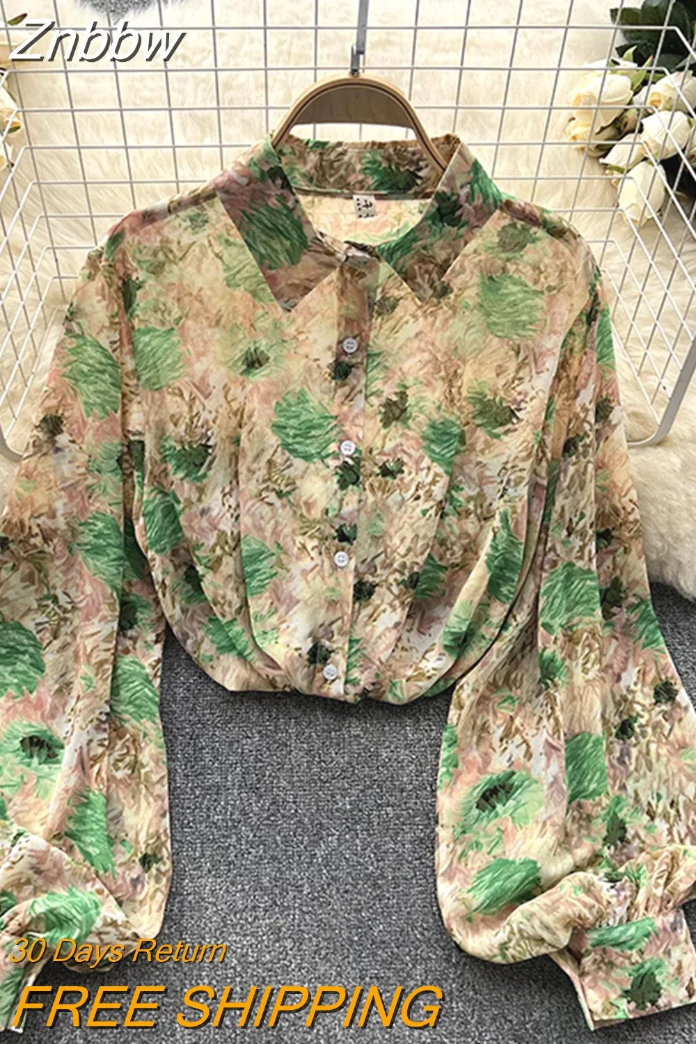 Znbbw Autumn Women's Korean Loose Versatile Long Sleeve Shirt Top New Lantern Sleeve Print Temperament POLO Collar Shirt G18 - Image 7