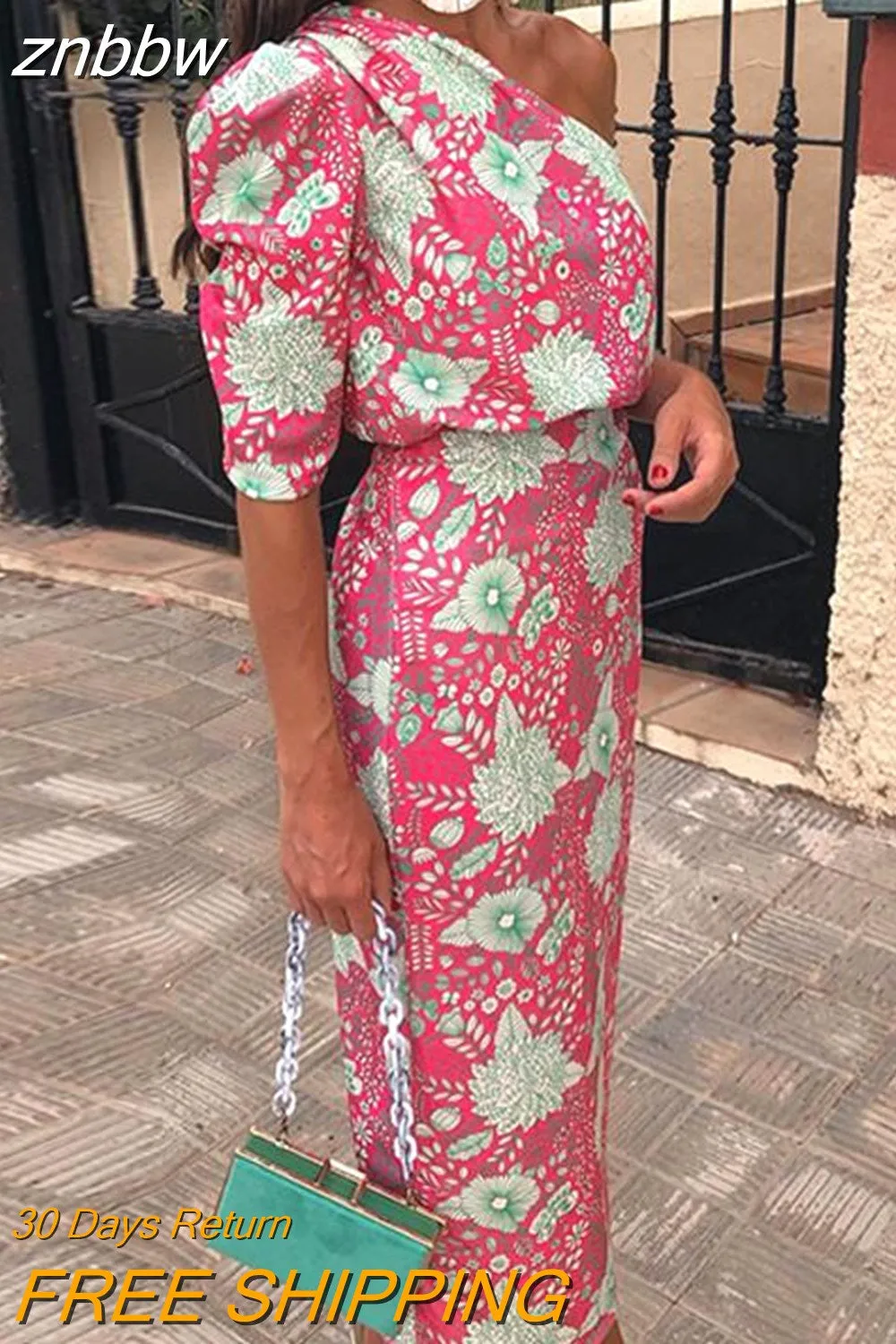 znbbw Women Sexy Backless Banquet Dress Spring Summer Fashion Print Lady Party Dress Elegant One Shoulder Puff Sleeve Slim Long Dress