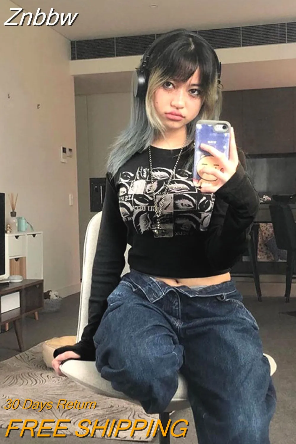 Znbbw Women retro Eyes Print Tops Fairy Grunge Graphic Spring T Shirts Vintage Indie Aesthetic Clothes Cyber Y2k Slim Long Sleeve Top - Image 2