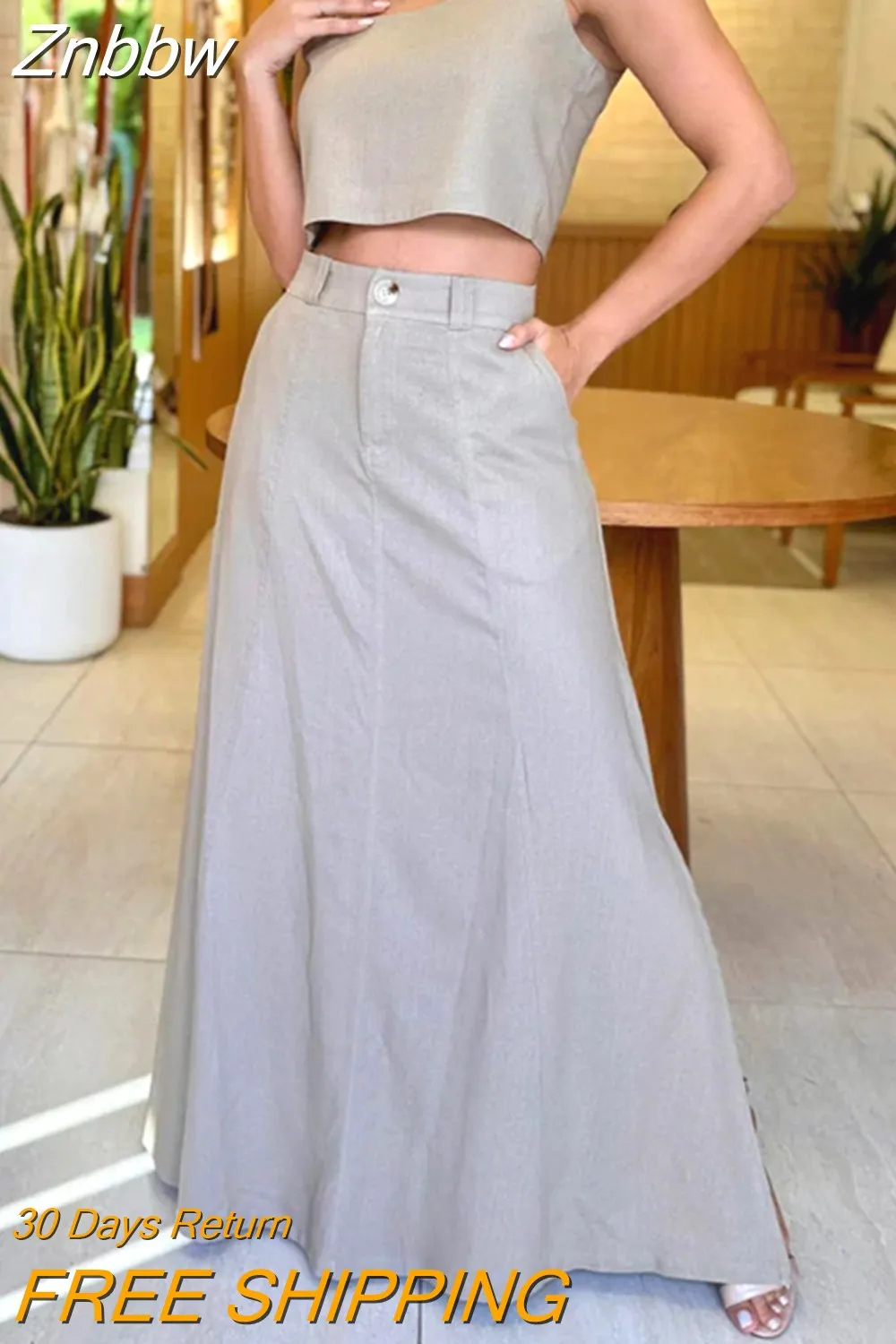 Znbbw Women Two Piece Set Summer Fashion Square Neck Sleeveless Pullover Short Top Solid With Pocket Slit Skirt Streetwear