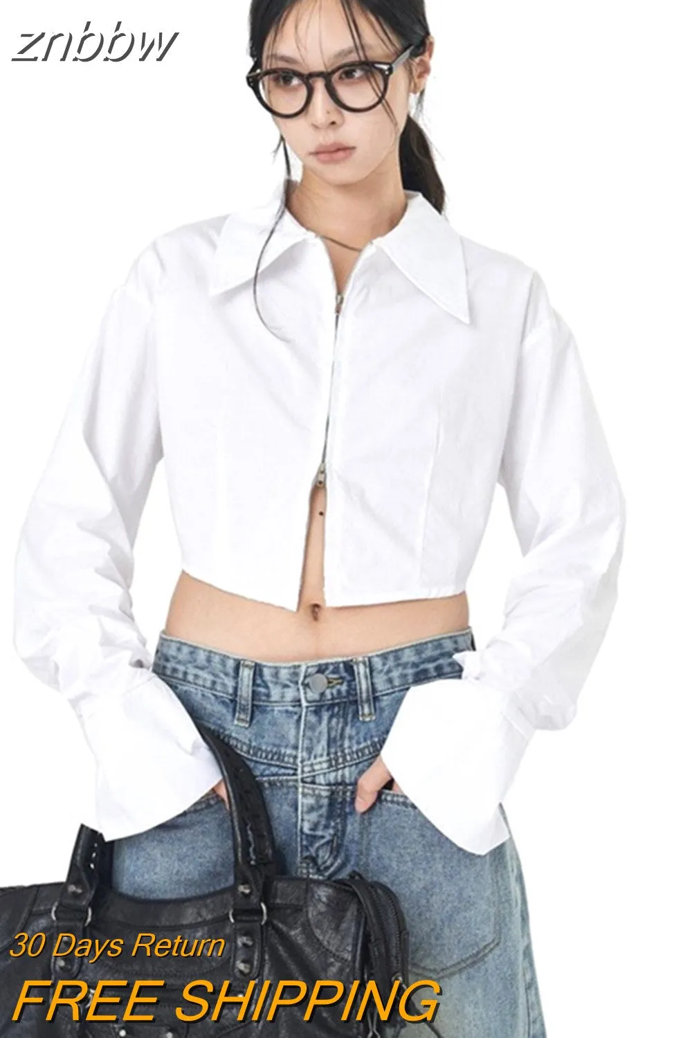 znbbw 2023 Spring Long Sleeve Women's White Shirt Streetwear Y2K Zipper Up Woman Crop Top Blouse Casual Summer Female Clothing - Image 3