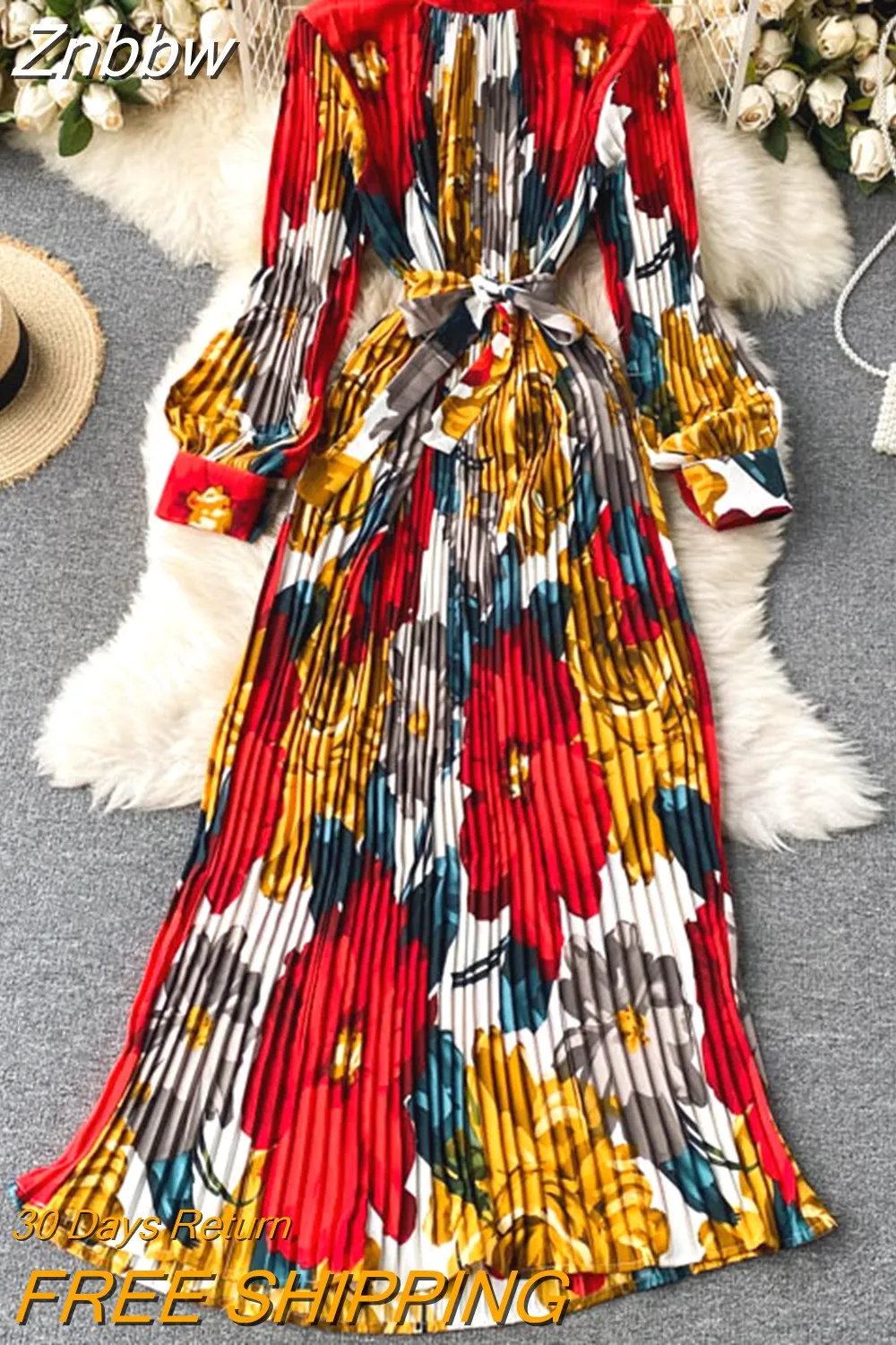 Znbbw Spring Autumn New Dress Temperament Turtleneck Waist Slim Long Sleeves Lace Up Wild Floral Maxi Vestidos Female UK016 - Image 7