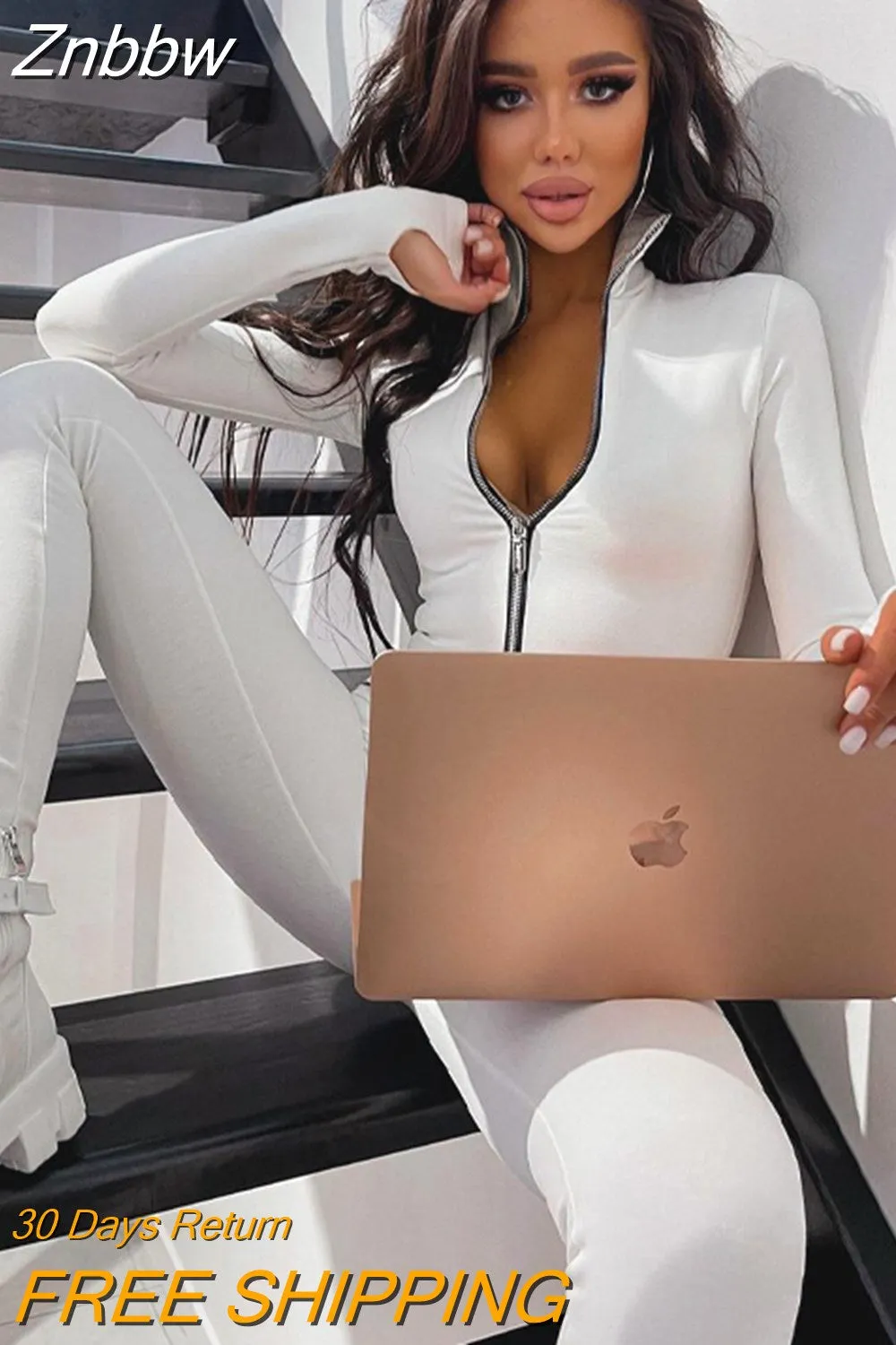 Znbbw Women Long Sleeve Zipper Bodycon Black White Jumpsuit Overalls 2023 Spring Autumn Clothes Wholesale Items Dropshipping - Image 5