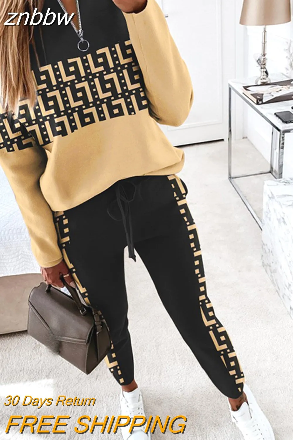 znbbw Women Suit Jogger Two Piece Set Autumn Fashion Print Tracksuits Women 2023 Streetwear Zipper Long Sleeve Tops + Trousers Outfits - Image 2