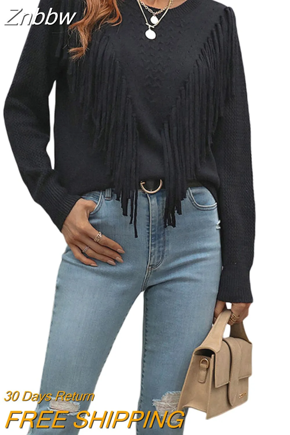Znbbw Women Sweaters Tassels Autumn 2023 Solid Color Knitwear Long Sleeve Round Neck Fringe Decoration Hole Cutout Loose Sweater Tops - Image 9
