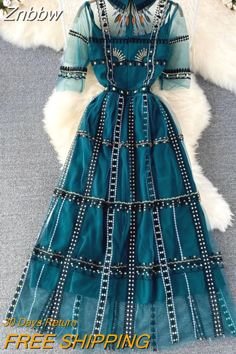 Znbbw Summer Runway Designer Elegant Long Dress Women Short Sleeve Flower Mesh Embroidery Vintage Maxi Dresses Party Gown