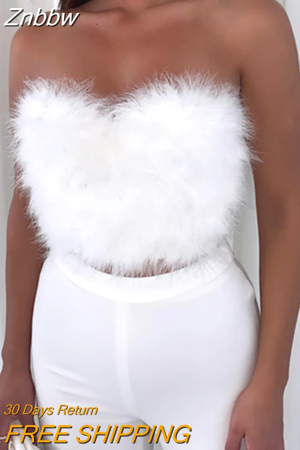 Znbbw Fashion Elegant Sexy Lady Feather Fur Tube Top Women Solid Color Strapless Tank Top Club Party Crop Top Summer Casual Camis