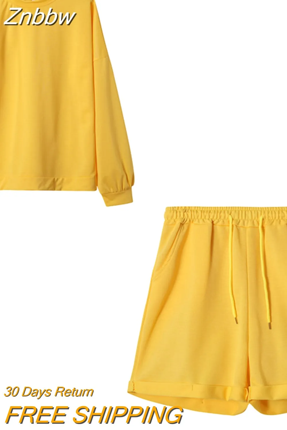 Znbbw Women Solid Tracksuits Casual Long Sleeve Pullover with Pockets Shorts Two Piece Set Sport Fashion Loose Matching Sets Outfits - Image 5