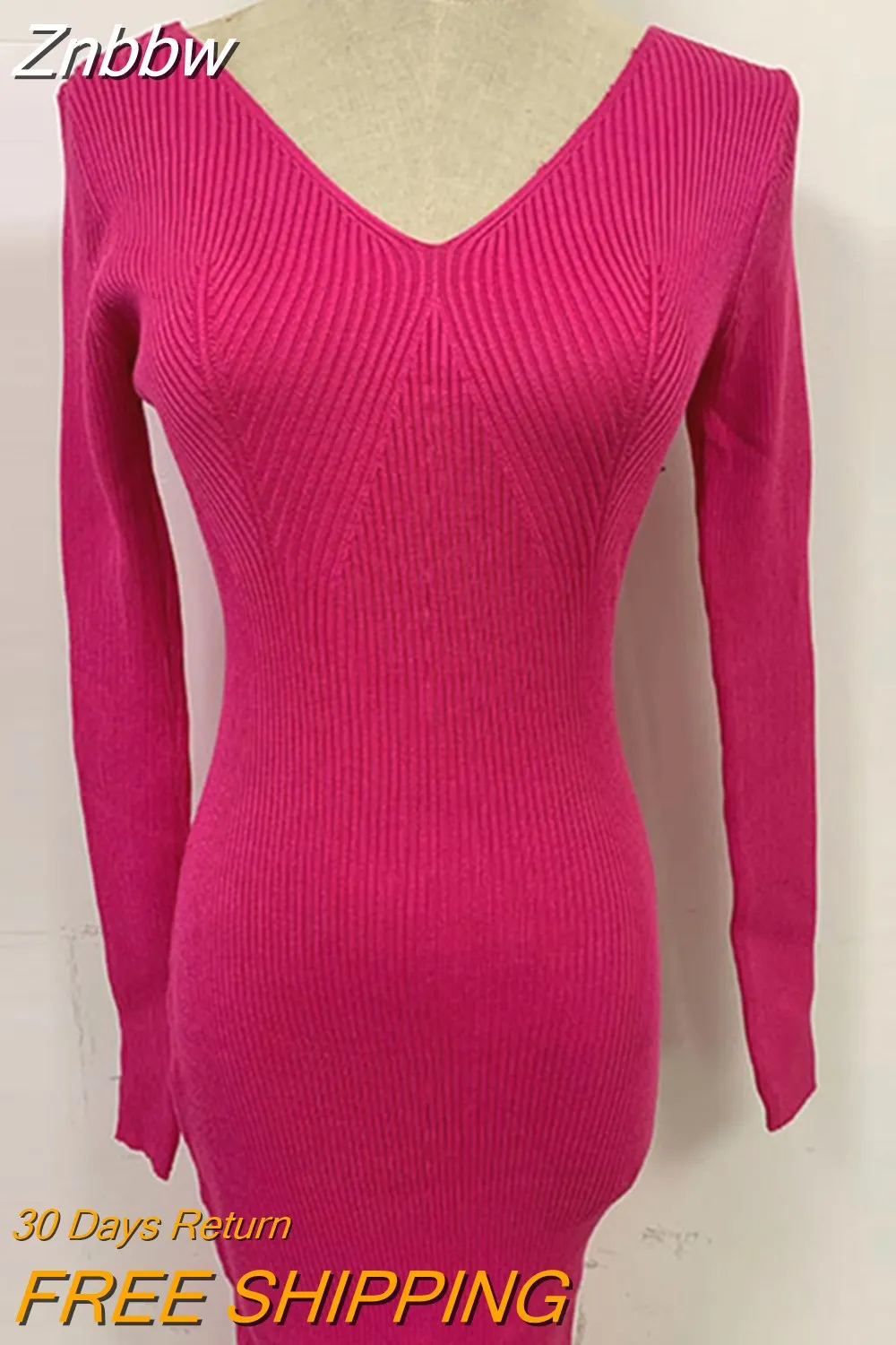 Znbbw Women Winter Knitted Backless Elegant Sweater Dress Casual Long Sleeve V-Neck Slim Skirt Lady 2023 New Bodycon Midi Dresses - Image 5