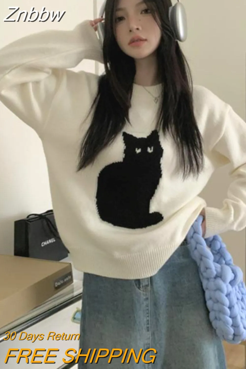 Znbbw Y2K Harajuku Cat Oversized Sweater Women Vintage Kawaii Cartoon Knitted Jumper Korean Casual All-match Tops Kpop Grunge