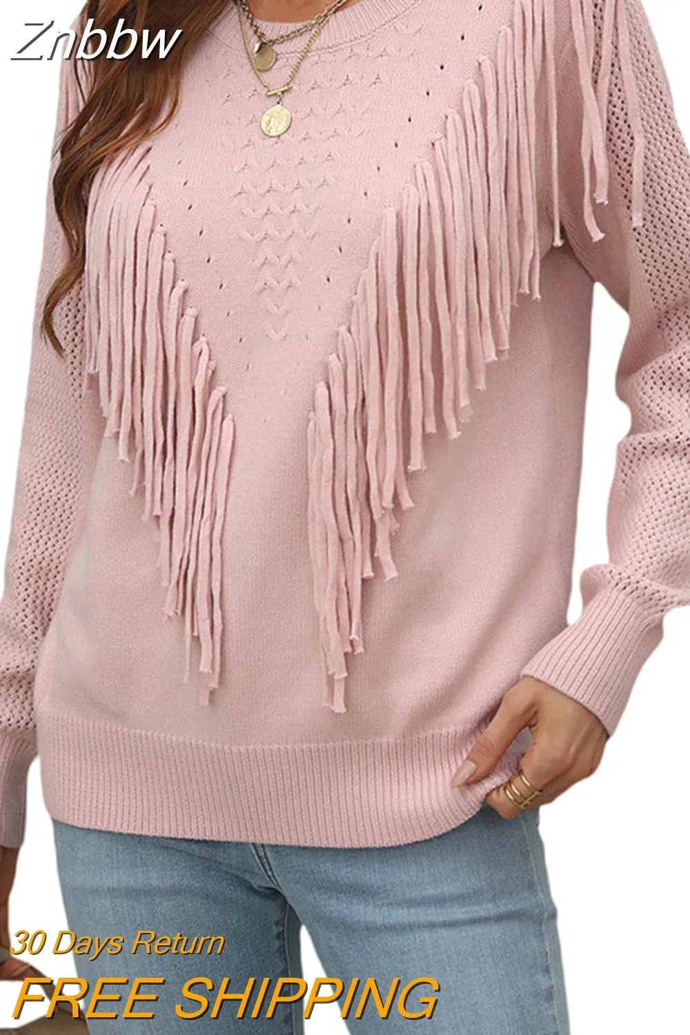 Znbbw Women Sweaters Tassels Autumn 2023 Solid Color Knitwear Long Sleeve Round Neck Fringe Decoration Hole Cutout Loose Sweater Tops - Image 8