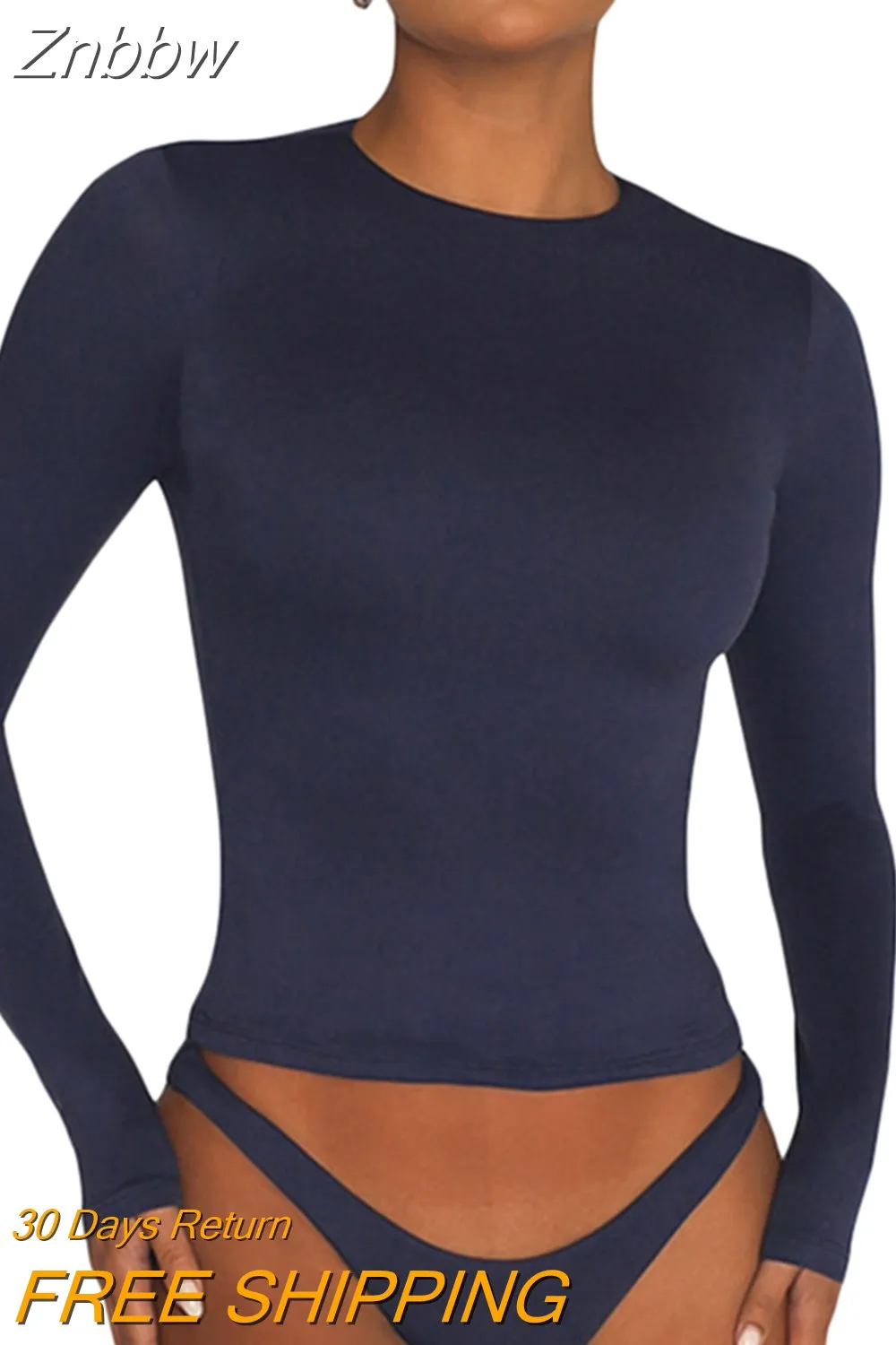 Znbbw Women's Slim Fit Going Out Crop Tops Casual Solid Color Crew Neck Long Sleeve Tight Tee Shirt Basic Streetwear 90s y2k Tees - Image 14