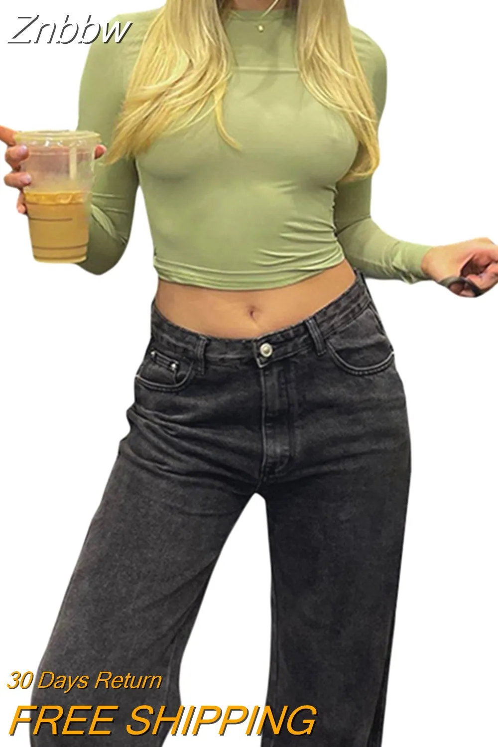 Znbbw Women's Slim Fit Going Out Crop Tops Casual Solid Color Crew Neck Long Sleeve Tight Tee Shirt Basic Streetwear 90s y2k Tees - Image 12