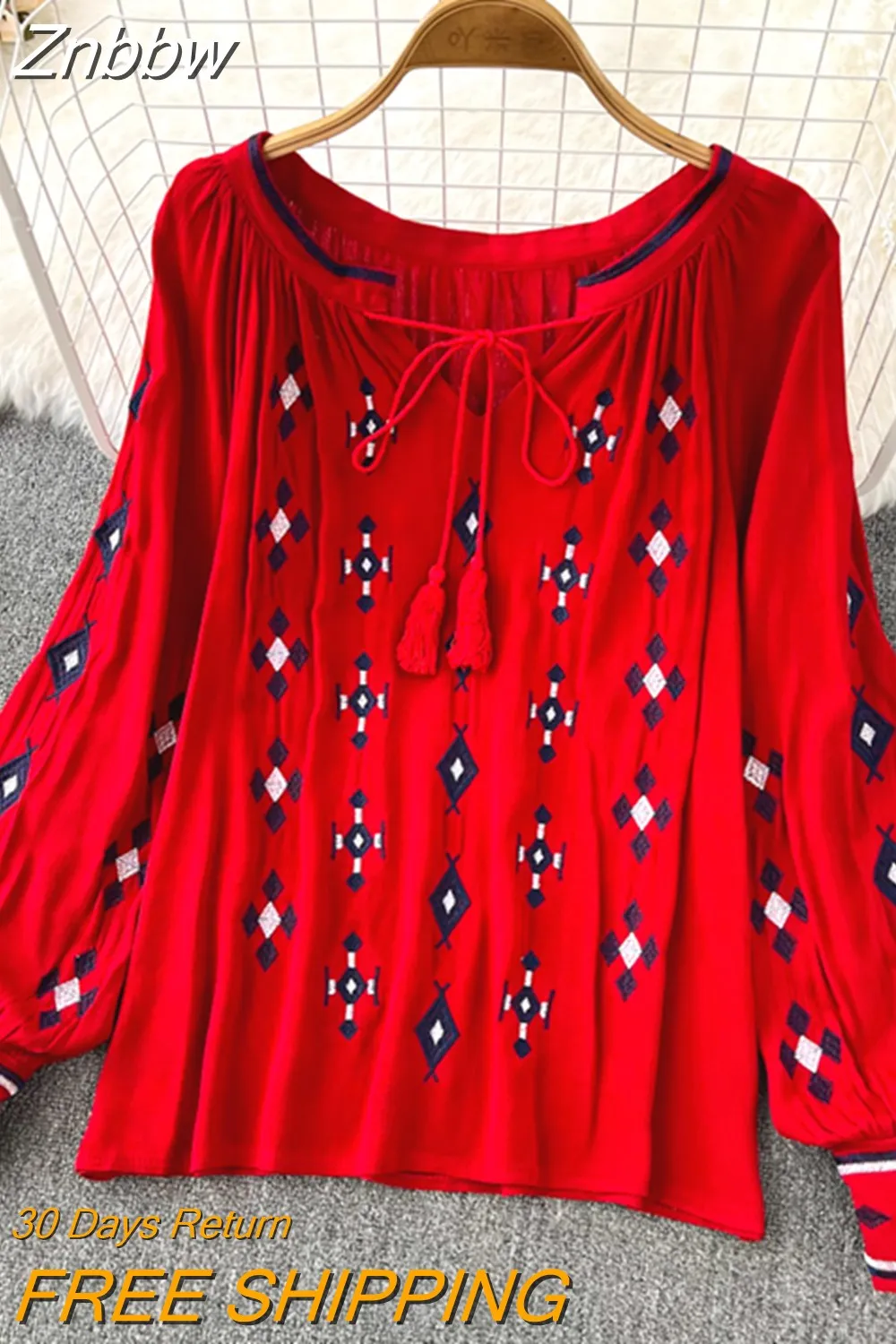 Znbbw Versatile Embroidery Shirt Women's Spring Autumn 2023New V-Neck Long Sleeve Bohemian Loose Blouse Womens Tops G06 - Image 6