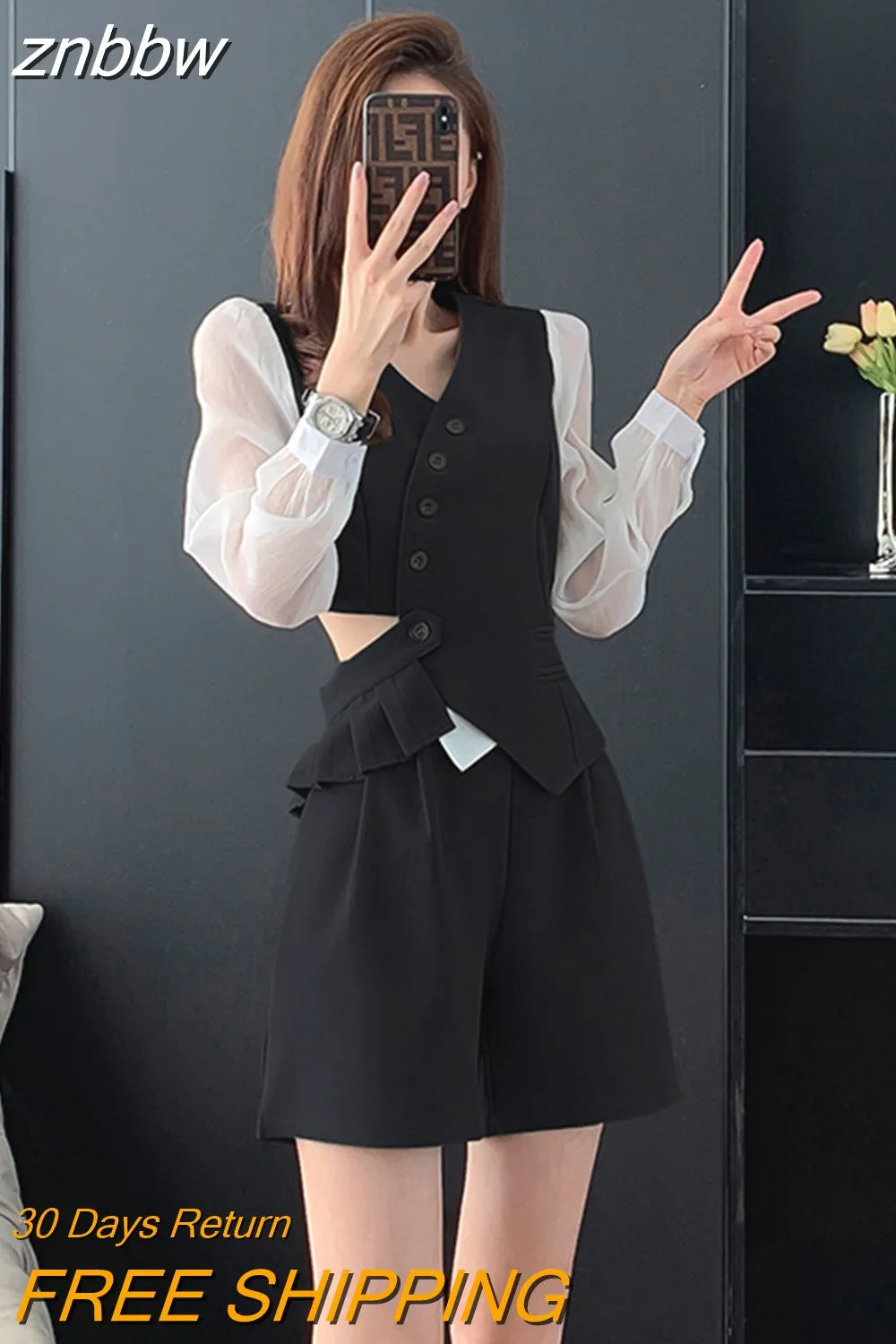 znbbw Women's Autumn British Style Trousers Suit V-neck Irregular Short Small Blazer and Wide Leg Trousers Two Office Ladies Piece Set - Image 4