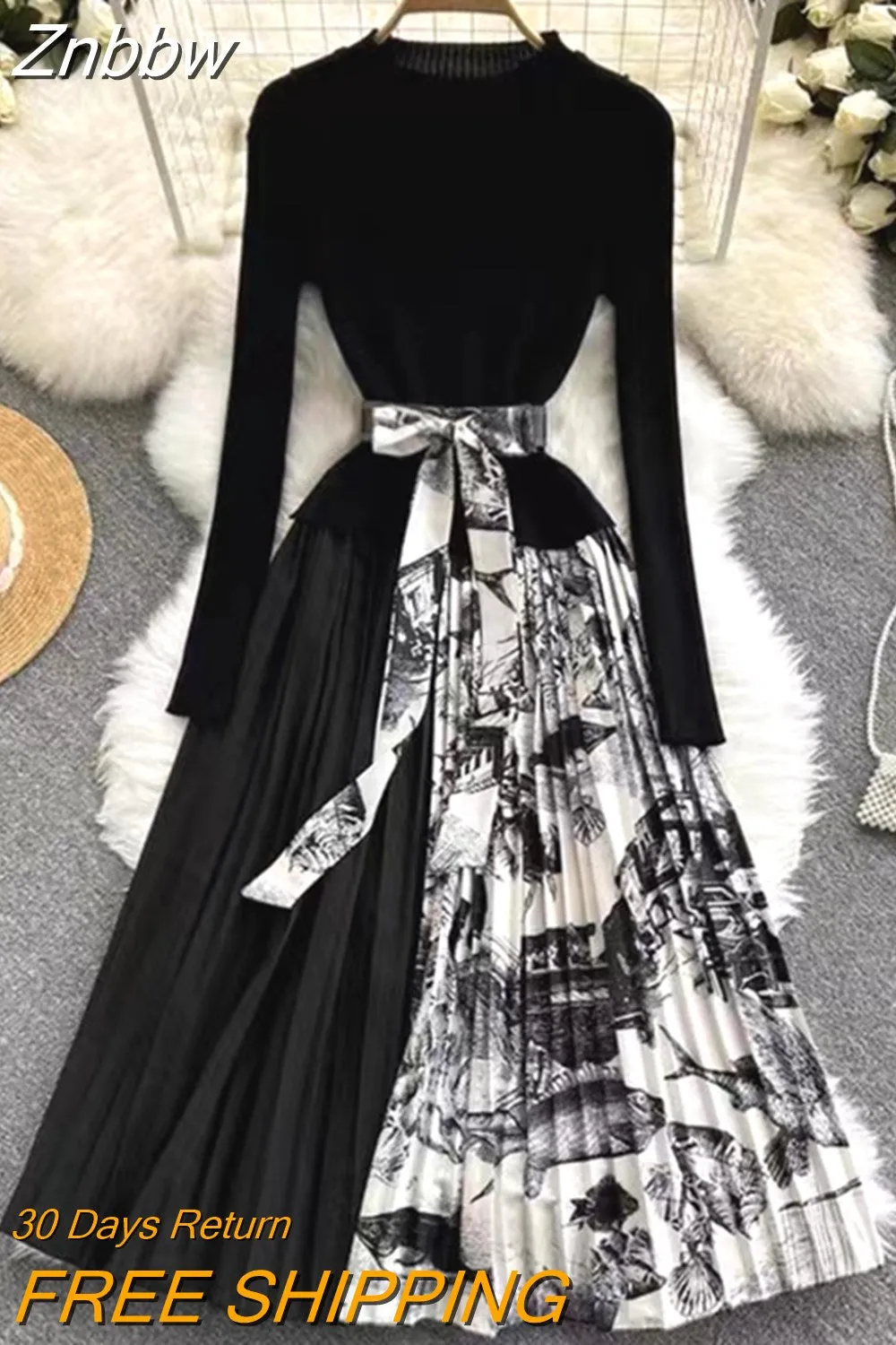 Znbbw Winter Elegant Knitted Patchwork Gradient Print Pleated Dress Women Long Sleeve Office One-Piece Sweater Dress With Belt - Image 10