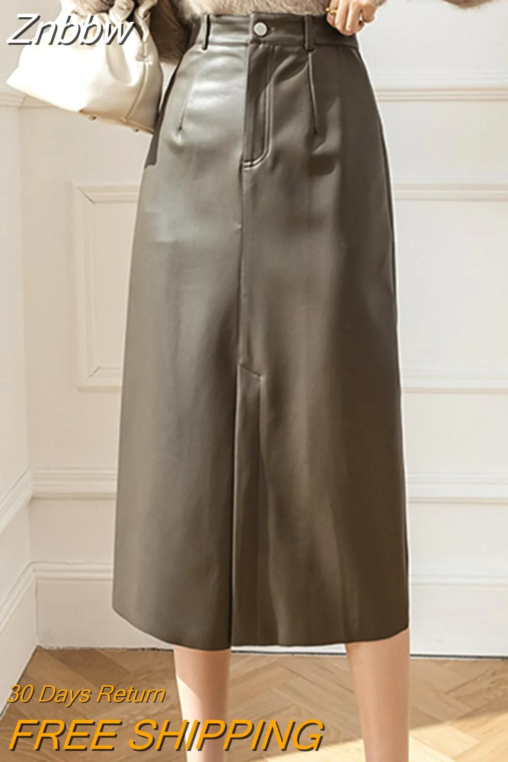 Znbbw Autumn Winter PU Leather Skirts For Women Elegant High Waist Wrap Hip Pencil Skirts Office Lady A-Line Midi Skirts