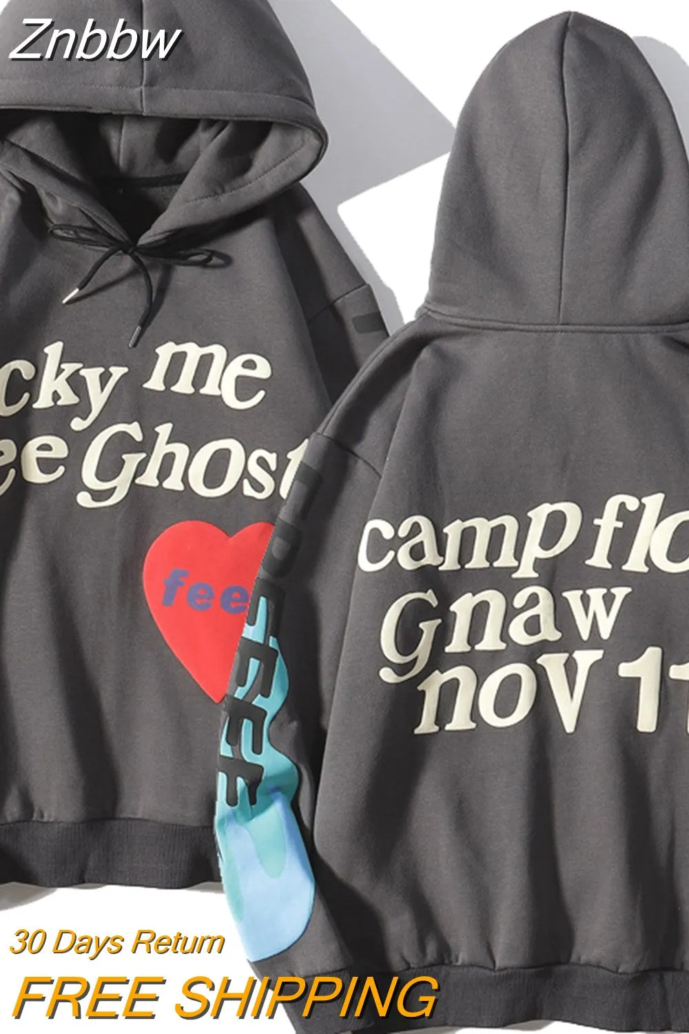 Znbbw Harajuku Weirdo Graffiti Letter Printed Hoodies Men Lucky Me I See Ghosts Mens Hooded Sweatshirt Fleece Pullover Streetwear