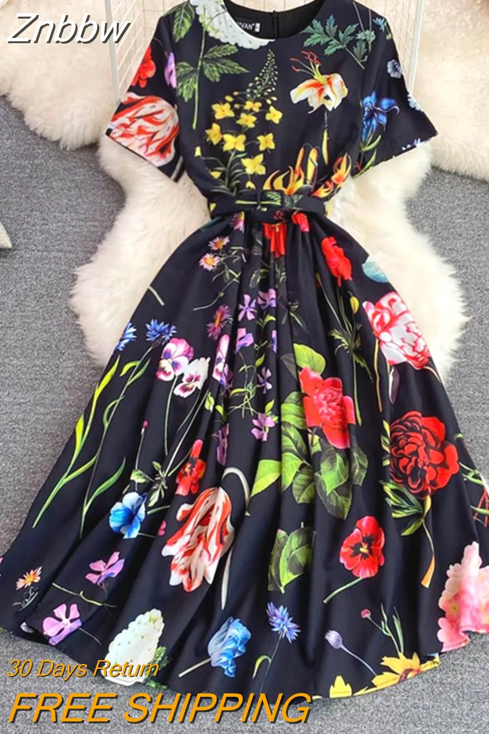 Znbbw 2023 Summer Runway O-Neck Short Sleeve Midi Dress Women Floral Print Office Lady Work One Piece Dress with Belt - Image 4