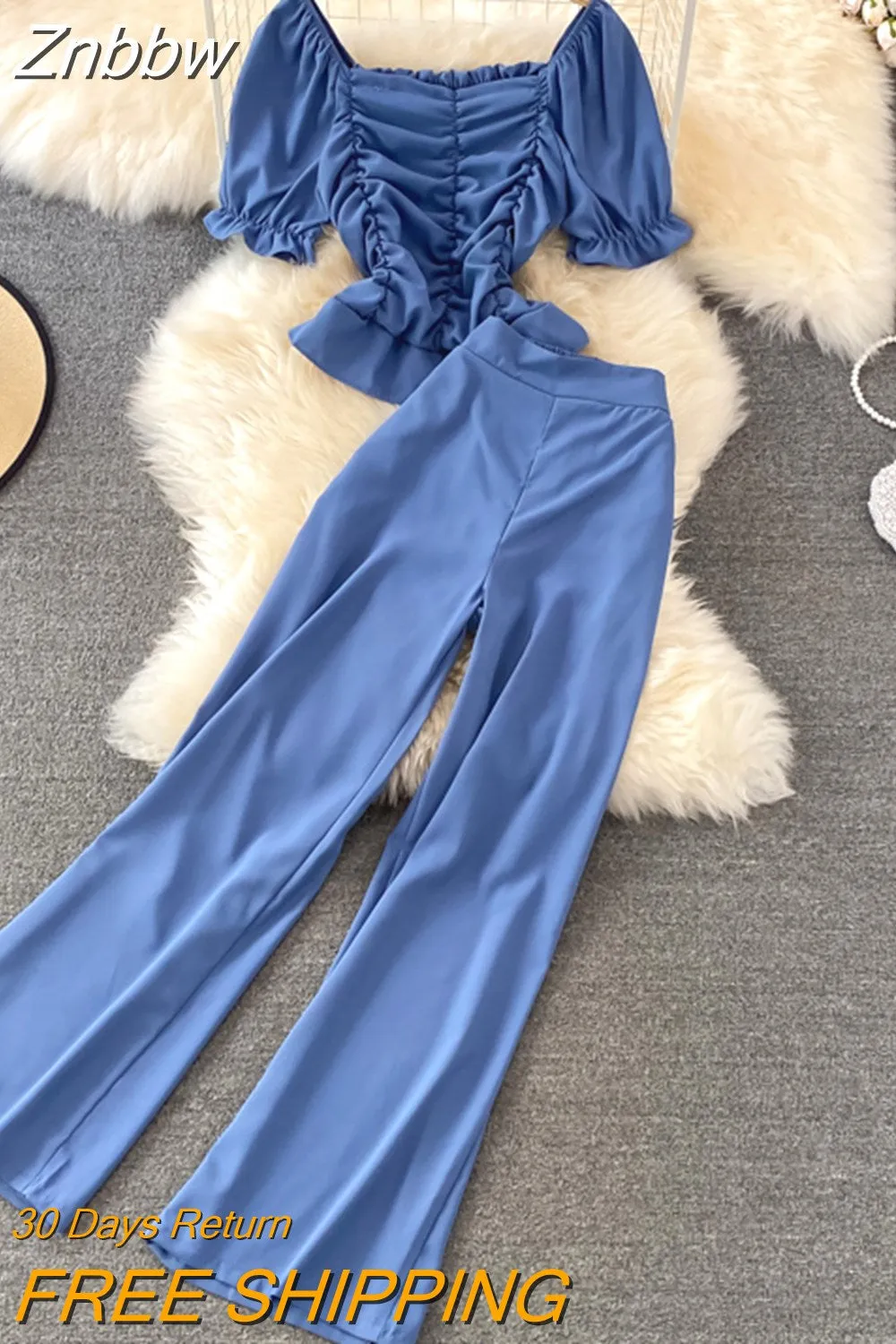 Znbbw Women Summer Fashion Casual Pants, High Waist Drape Wide Leg Pants, Square Collar Short Slim Blouse Two-piece Suit Female D0544 - Image 5