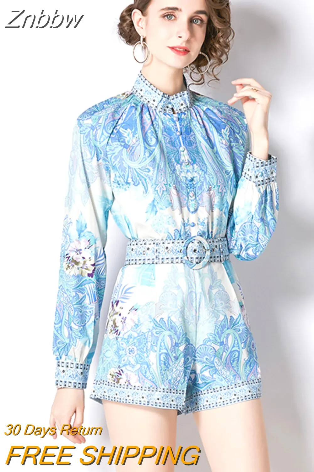 Znbbw 2 Piece Shorts Set Women Stand Collar Long Sleeve Single Breasted Print Blouses + Mini Pockets Belt Shorts Suit N2159 - Image 4