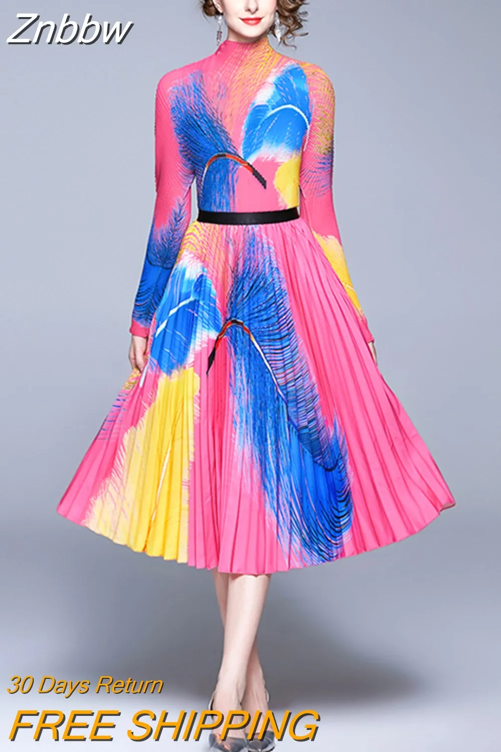 Znbbw Women Vintage Long Sleeve Stretch Printed Tops + High Elastic Waist Pleated Skirt Set Suit Runway 2 Piece Set 2023 Autumn - Image 6