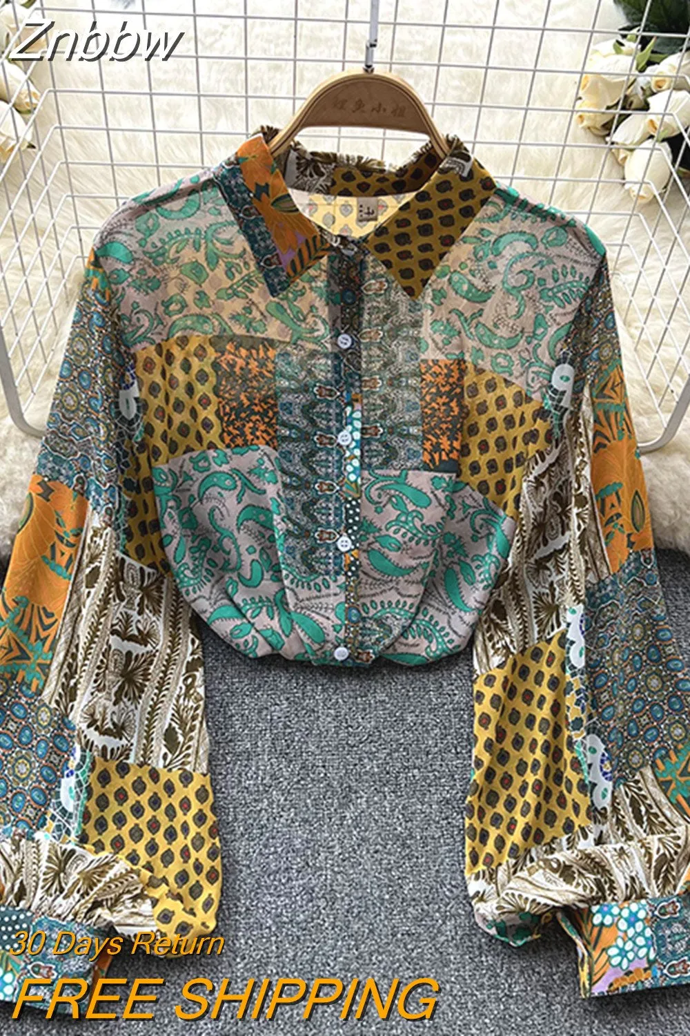 Znbbw Autumn Women's Korean Loose Versatile Long Sleeve Shirt Top New Lantern Sleeve Print Temperament POLO Collar Shirt G18 - Image 4