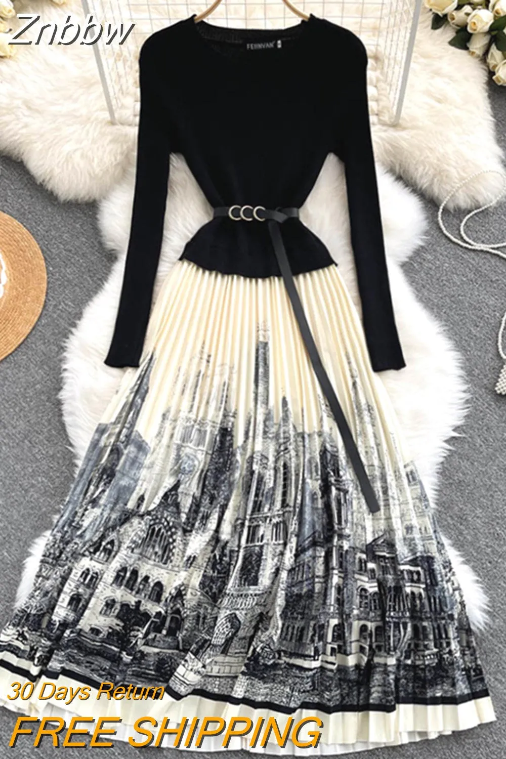 Znbbw Winter Elegant Knitted Patchwork Contrast Color Pleated Dress Women Long Sleeve Office Lady Sweater Dress With Belt - Image 7