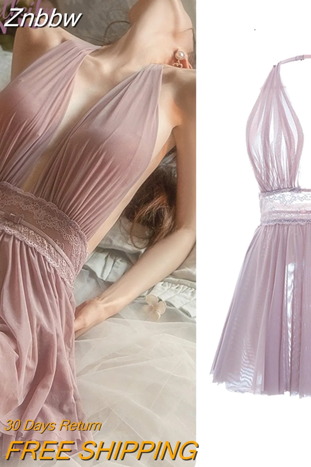 Znbbw Back Lace Gauze Sleeping Dress Temptation White Sexy Mesh Hanging Neck Fairy Backless Tulle Perspective Nightdress - Image 4