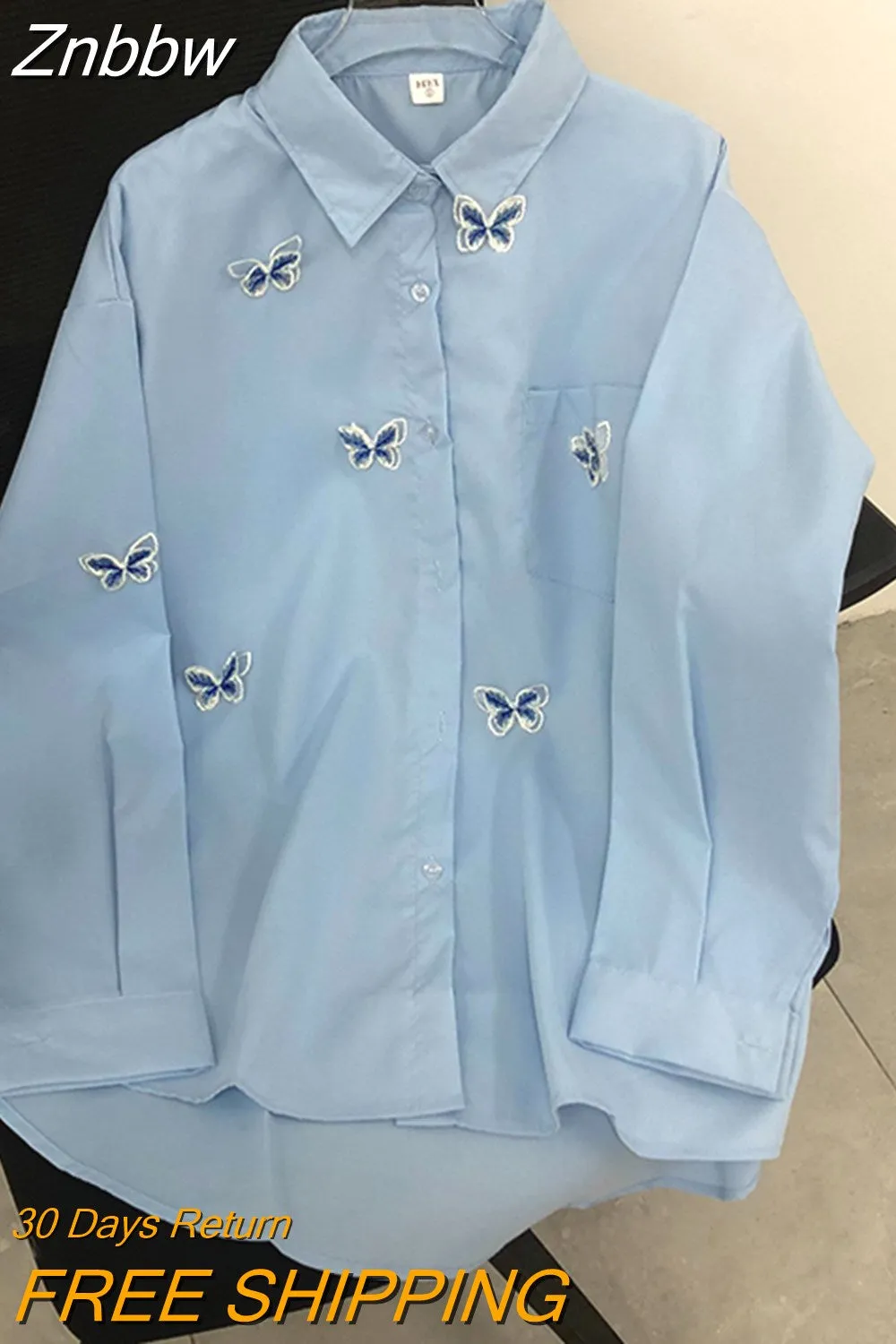 Znbbw Women Shirts Long Sleeve Butterfly Embroidered Blouses Spring Lapel Temperament Solid Female Blusas Basic Outwear Top - Image 2