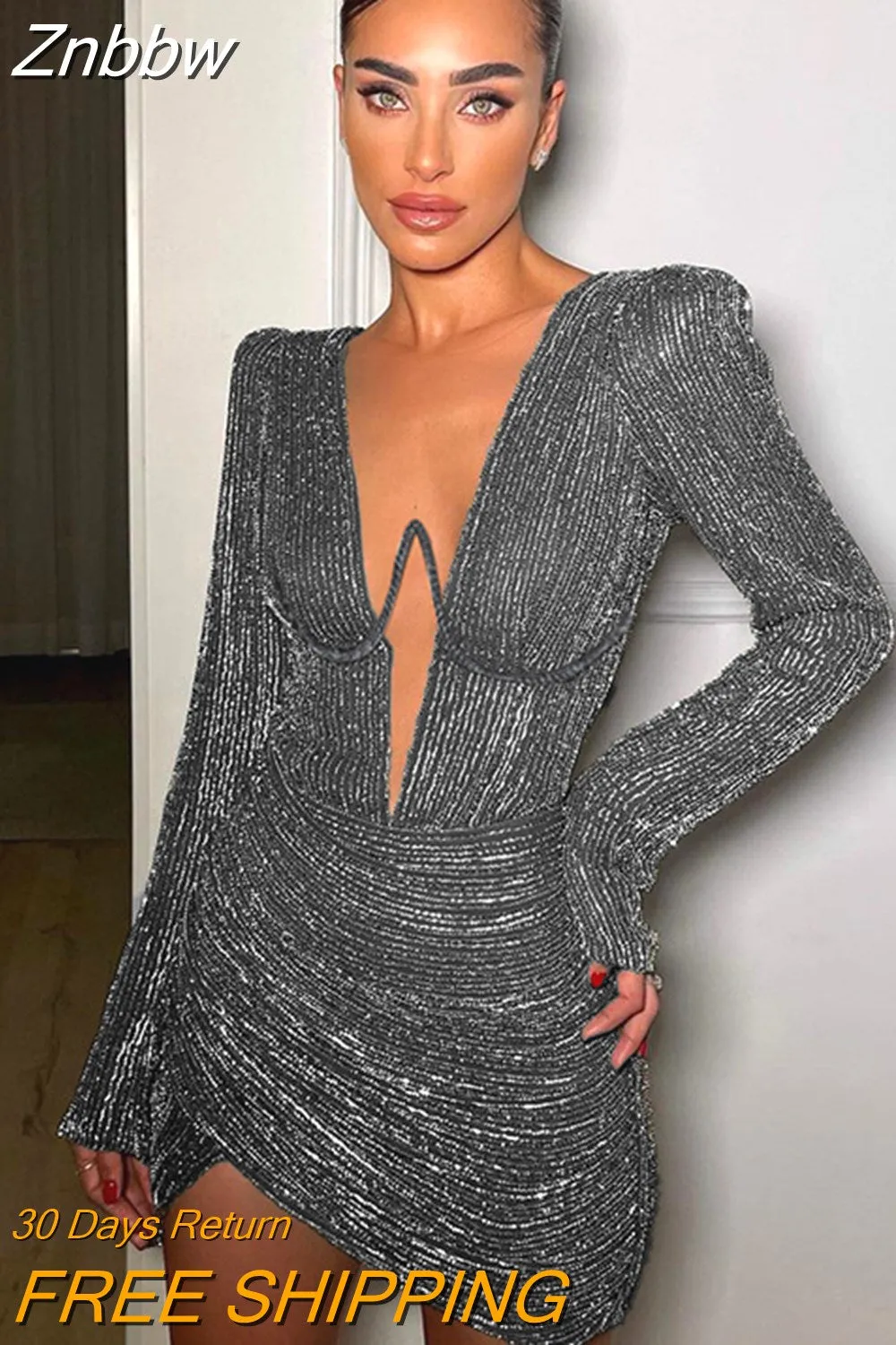 Znbbw Women Long Sleeve Party Club Bodycon Streetwear Black Mini Dress 2023 Autumn Fall Clothing Wholesale Items For Business - Image 2