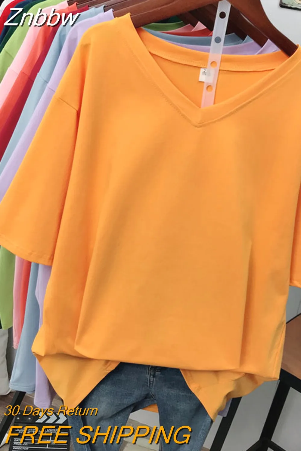 Znbbw 100% Cotton M-6XL T Shirt Solid V Neck Tshirt Short Sleeve Women's Top Basic Summer Couple Oversized T Shirts - Image 5