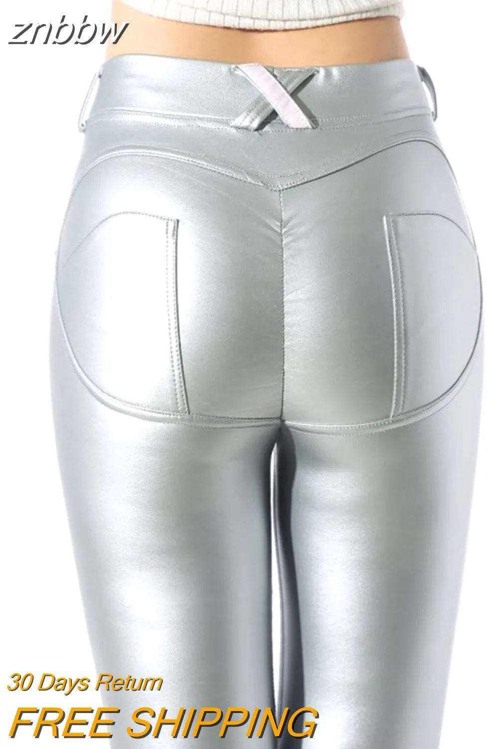 znbbw PU Faux Leather Pants Women Elastic Waist Hip Push Up Black Sexy Female Leggings Jegging Casual Blue Skinny Pencil Pants 914 - Image 4