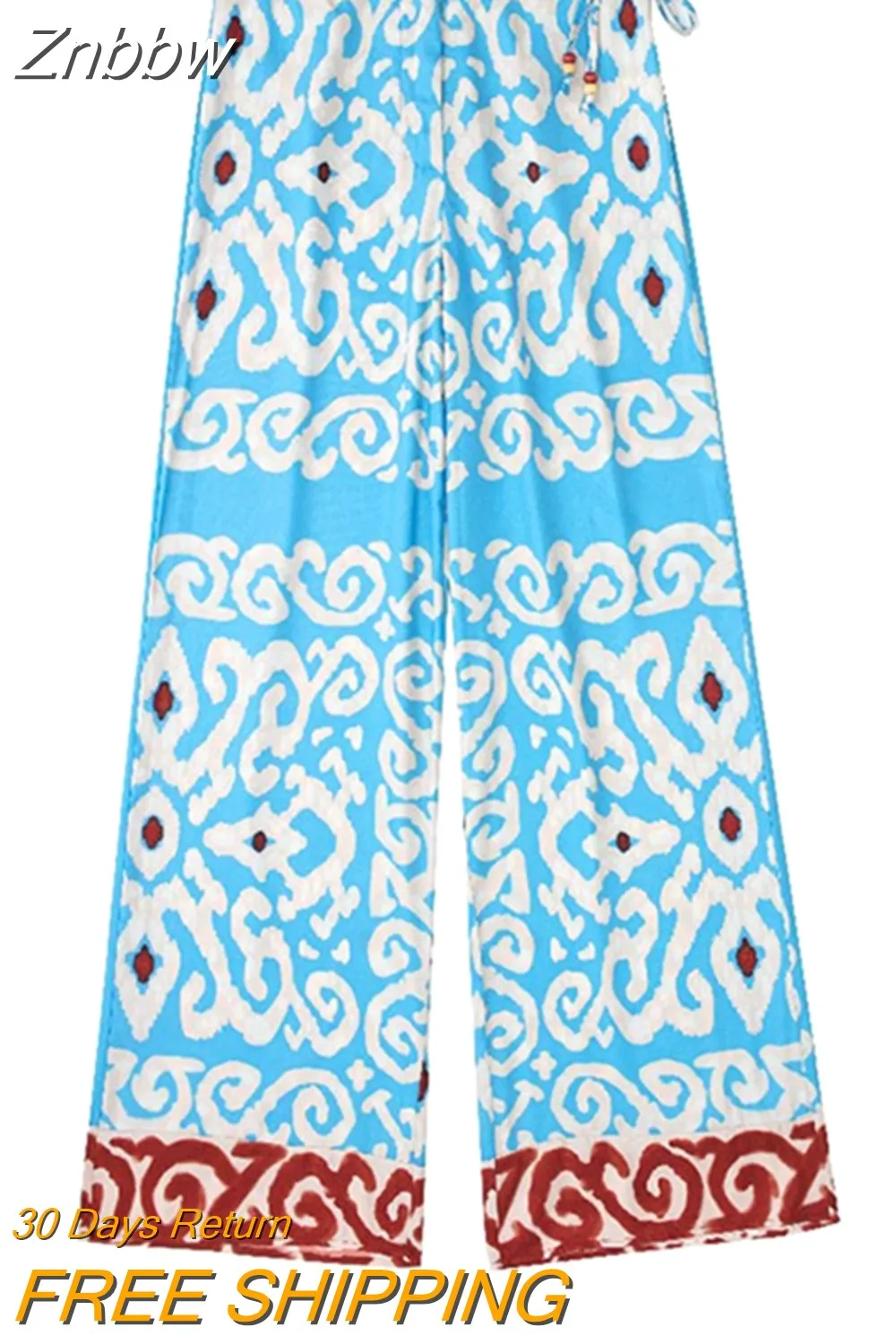 Znbbw Lady Casual Set 2023 Female Vintage Temperament V-neck Printed Tunic Midi Dress+belted High Waist Straight Wide Leg Pants - Image 5