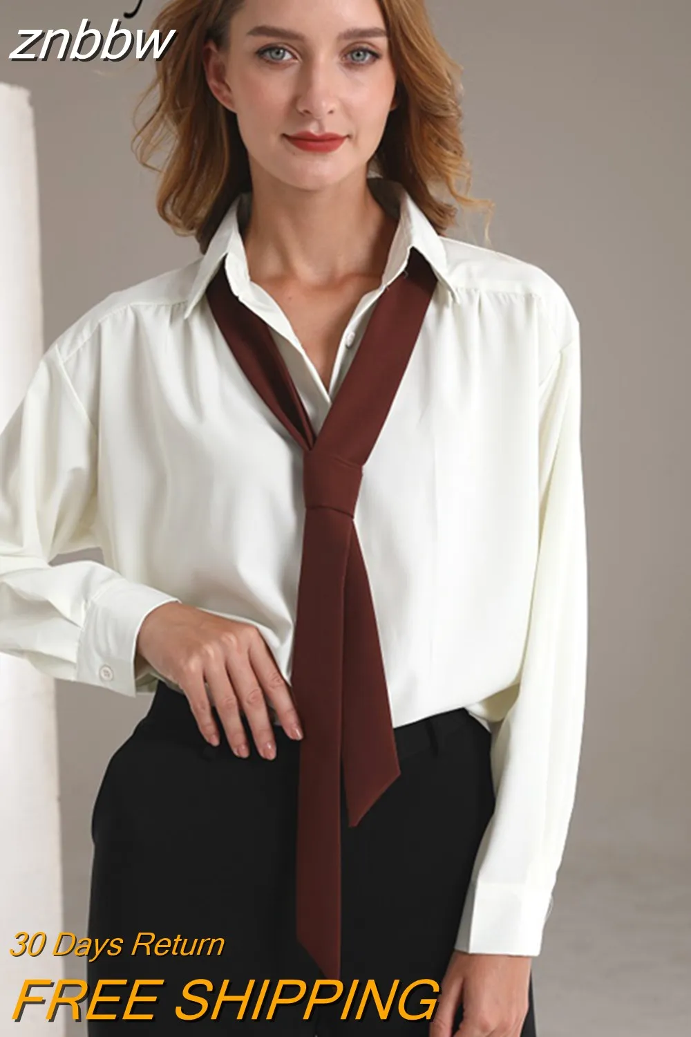 znbbw 2023 Spring Office Lady Long Sleeve Folds Women Basic Shirt Minimalist Tie Button Up Loose Woman Tunic Blouse Clothing