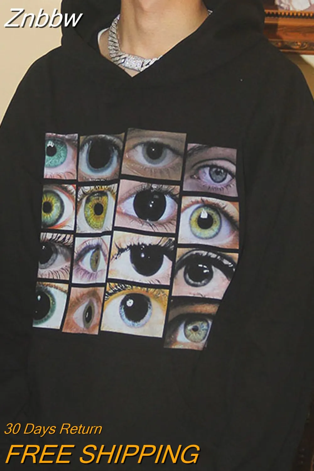 Znbbw Women hip hop streetwear hooded sweatshirt with eyes print Y2K harajuku pullover autumn cotton casual hooded black sweat shirt