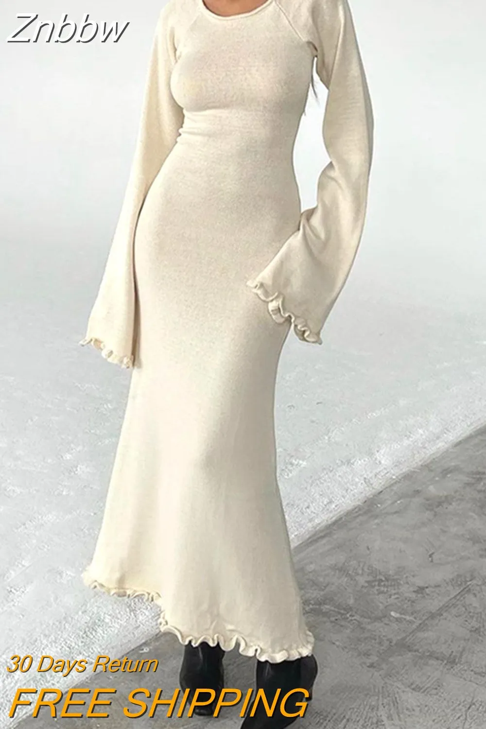 Znbbw Women Ribbed Knit Ruffle Trim Long Dress Long Sleeve Bodycon  Party Cocktail Dress Flare Summer Beach Cover Up