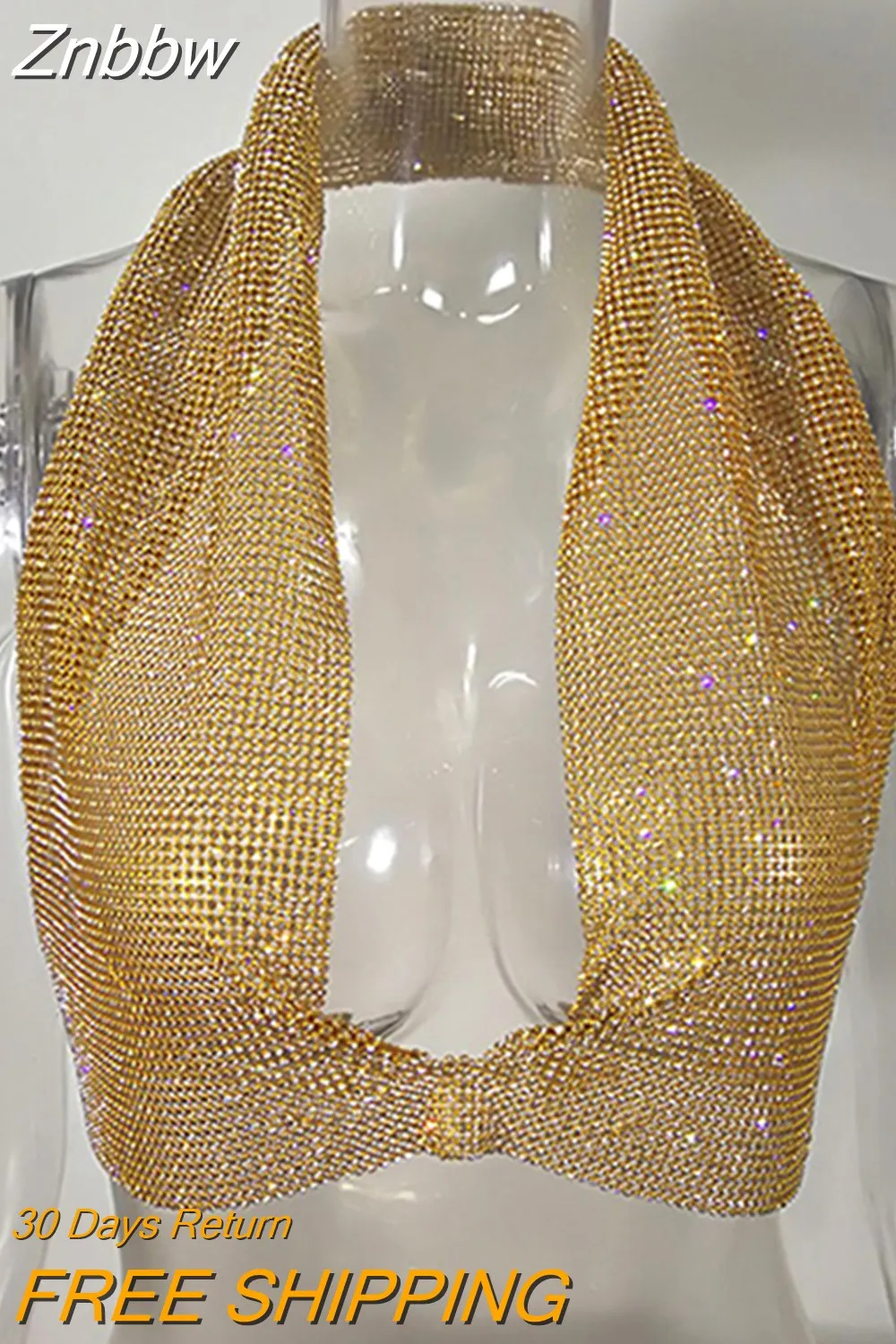 Znbbw 2023 Crystal Crop Top Camis Sparkly Sexy T Shirt Metal Chain Backless Club Vest Celebrity Party Tank Tops Camisetas Mujer - Image 6