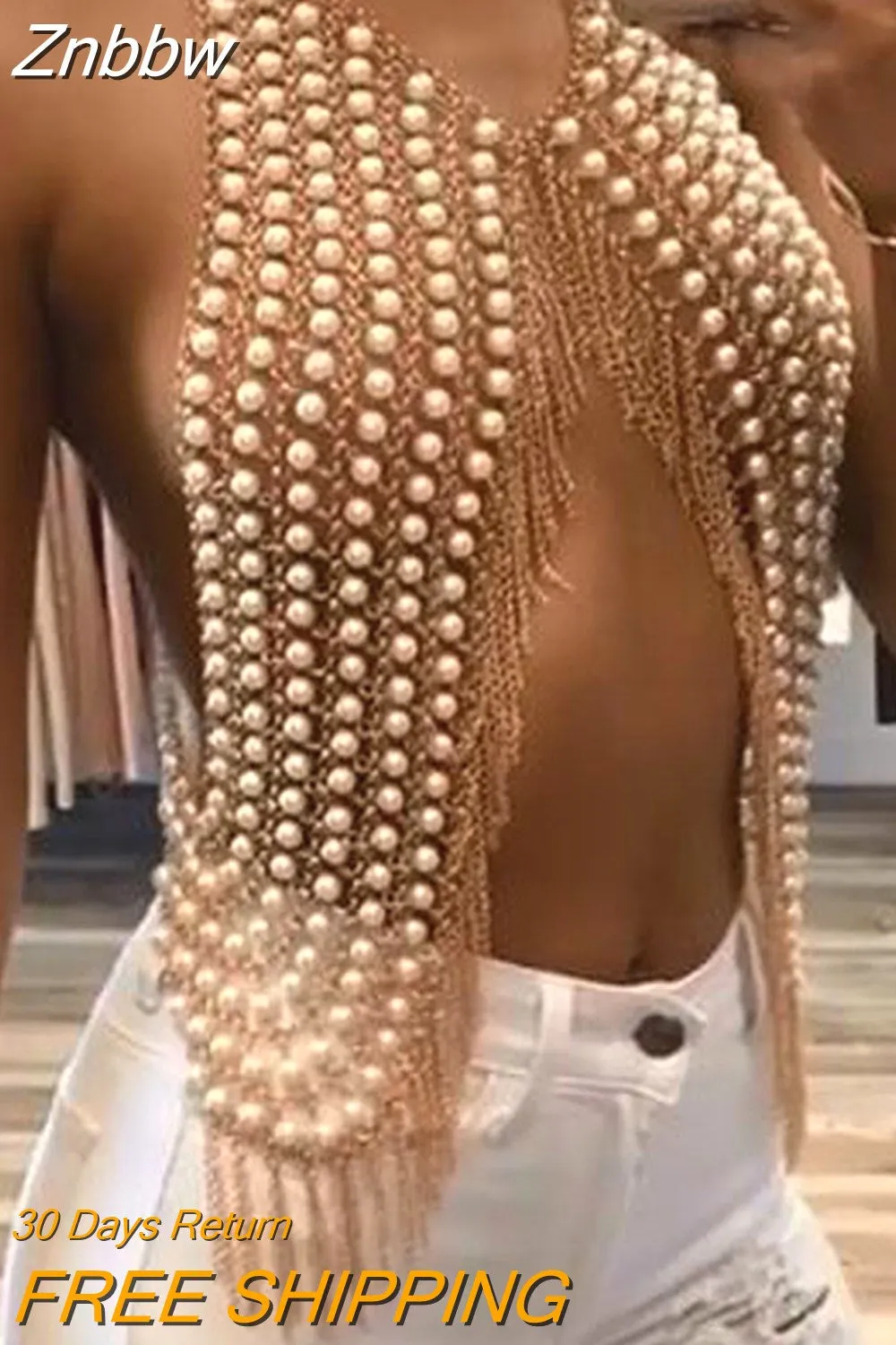 Znbbw Pure hand stitching Pearl metal Tassel Crop Top Women Summer Backless Top Sexy Punk Beach Bustier Cropped Tube Tank Top