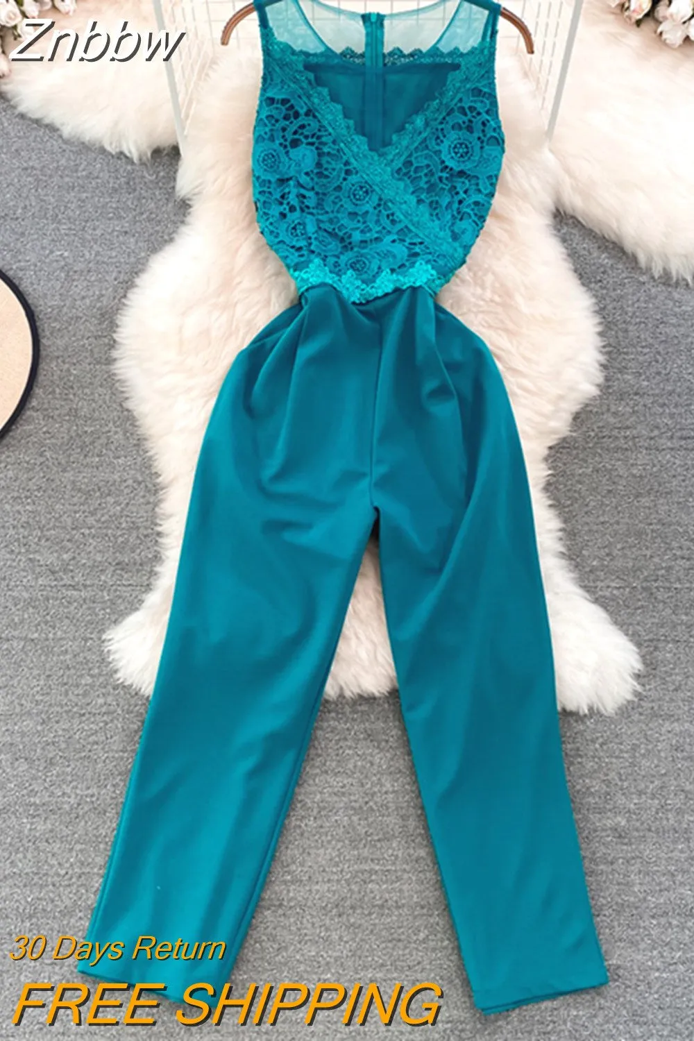 Znbbw Women Summer Jumpsuits Self-cultivation Fashionable Jumpsuit Round Neck Lace Panel Waist Tight Straight Jumpsuit Long Pant D2729 - Image 5