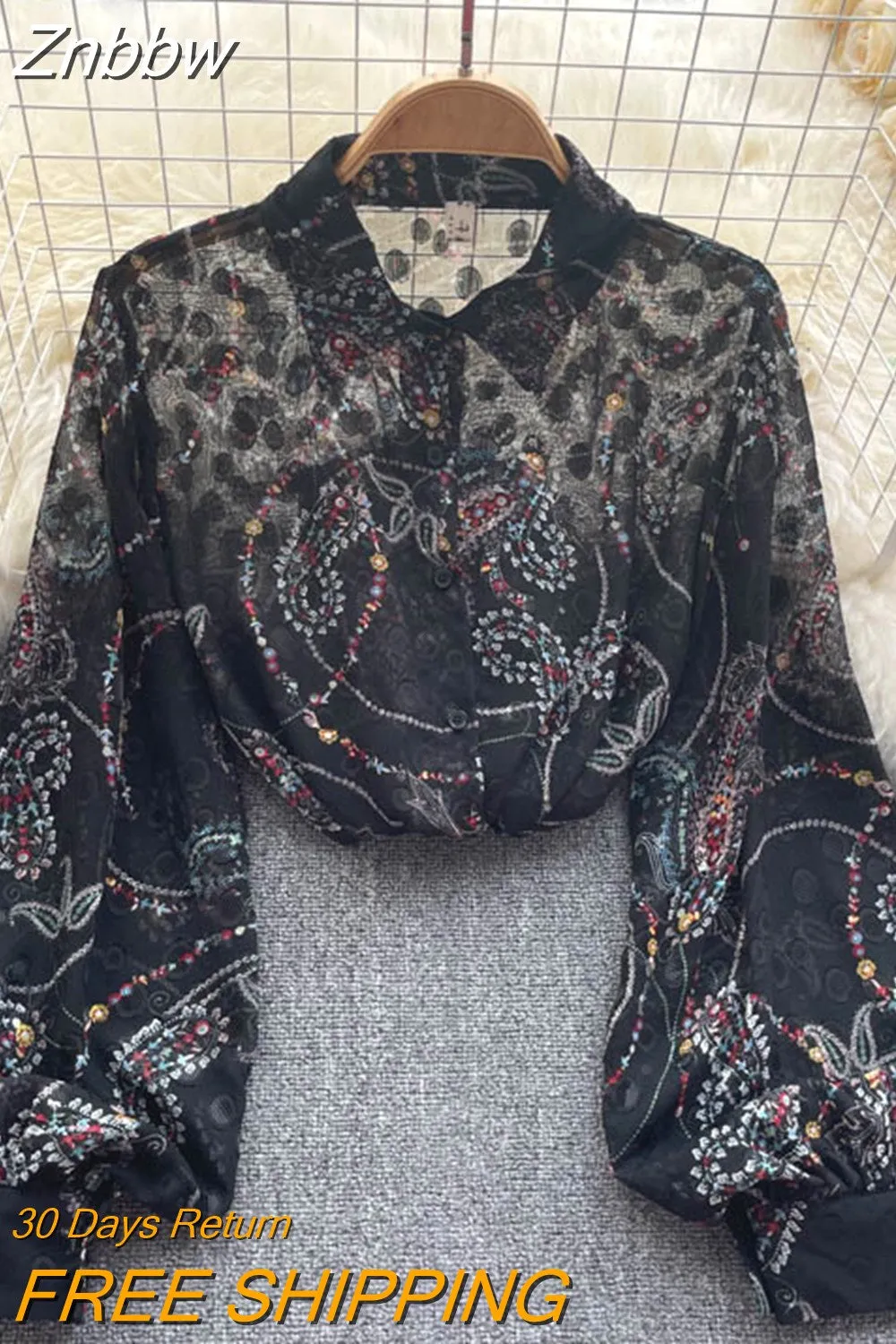 Znbbw Autumn Temperament Fashion Retro Chiffon Floral Blouses Print Loose Lapel Puff Sleeve Top Button Up Shirt Female GD611 - Image 8