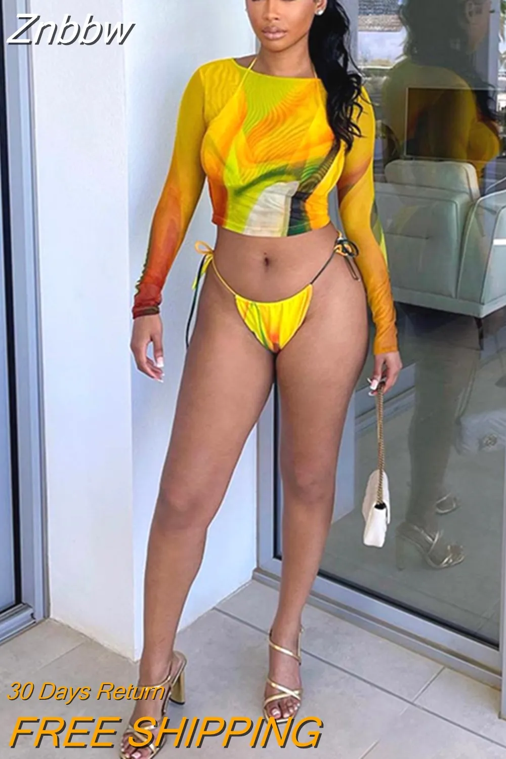 Znbbw Women Sexy Mesh Print Pullovers Fashion O-neck Long Sleeve Skinny Crop Tops 2023 Summer Female Beach Vacation Casual Y2K Shirts - Image 2