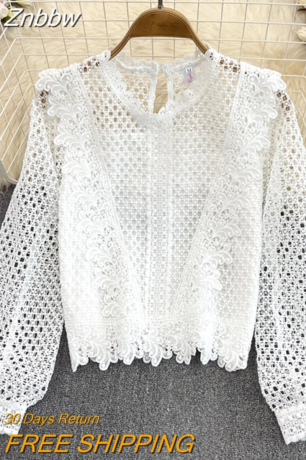 Znbbw Women Autumn Winter Blouse Vintage Round Neck Ruffle Long Sleeve Loose Hook Flower Cut Out Water-soluble Lace Shirt D2062 - Image 7