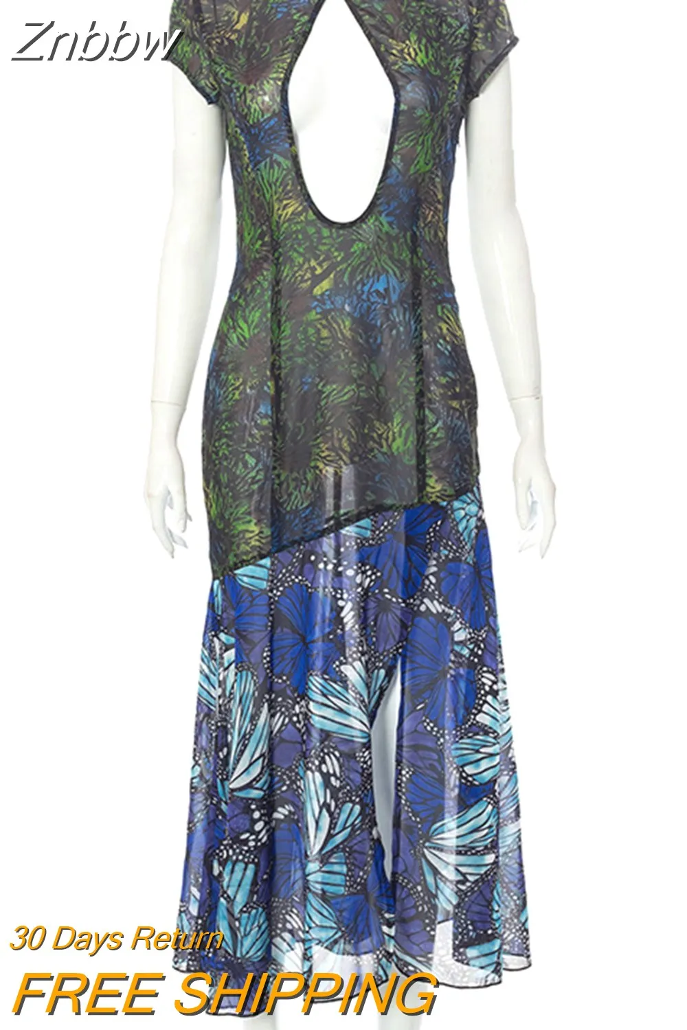 Znbbw Women Short Sleeve Hollow Out Bodycon Printed See Through Midi Dress 2023 Summer Clothes Wholesale Items For Business - Image 4