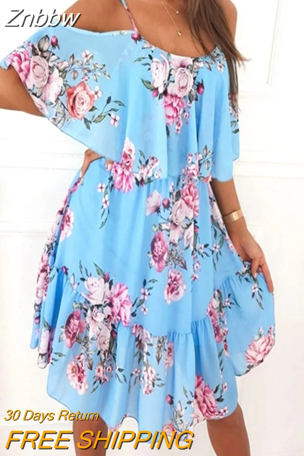 Znbbw Summer Dress Women Floral Print Spaghetti Strap Casual Dress Off Shoulder Sexy Elegant Boho Beach Dresses Vestidos - Image 5