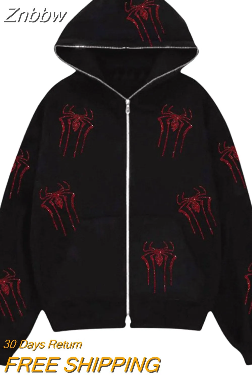 Znbbw Fashion Hot-selling Rhinestones Skeleton Print Black Y2k Gothic Long-sleeve Full Zip Hoodie Oversized Sweatshirt Jacket - Image 15
