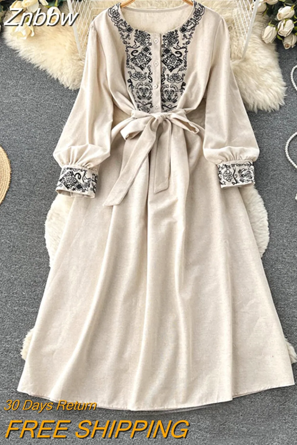 Znbbw Bohemian Lndie Folk Style Dress Women Embroidery Vintage Waist Cotton and Linen Holiday Dress Women Lace Up Long Dress G01